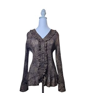 Y2K Crinkled Chiffon Brown Floral Top Size L